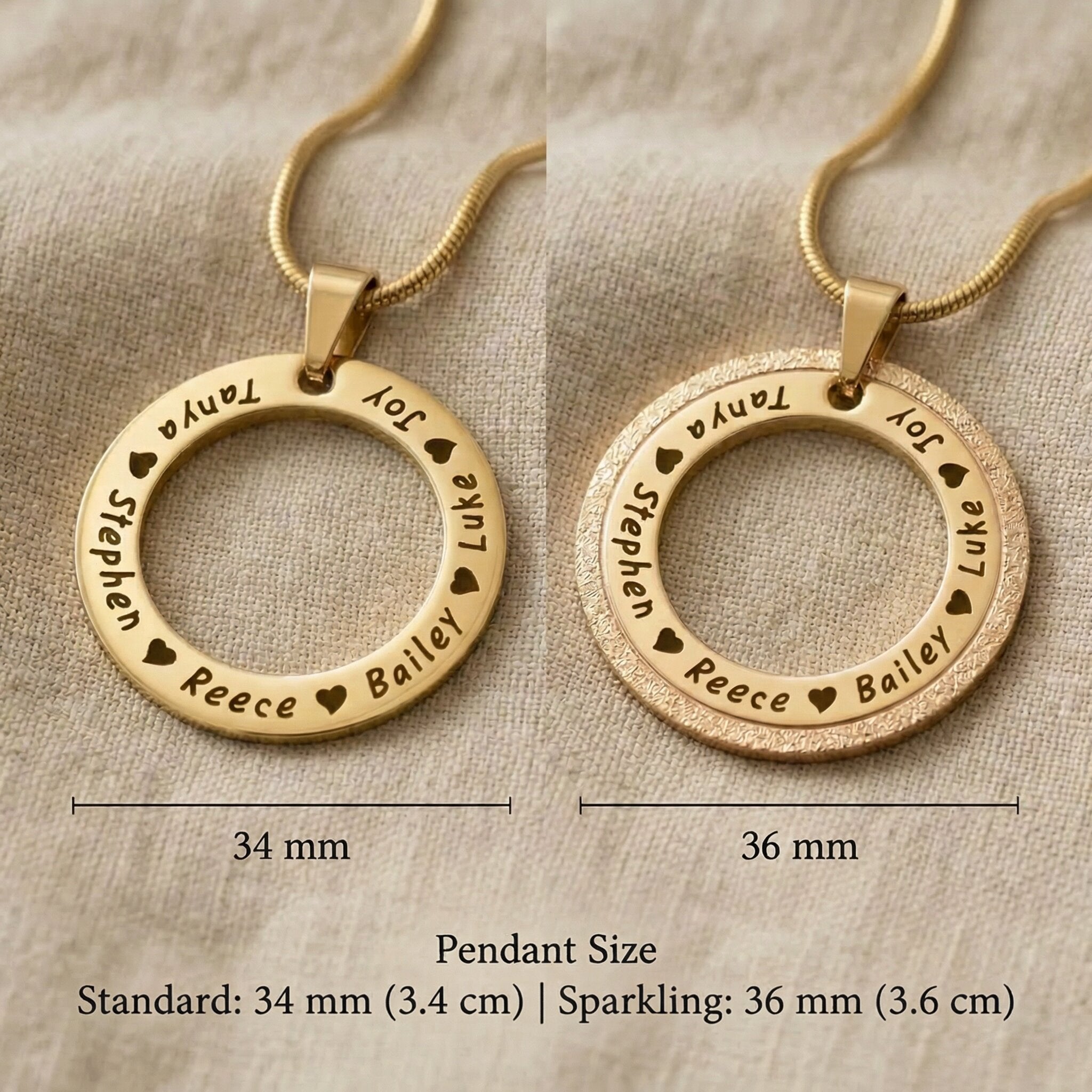 Circle of Trust Necklace size guide showing pendant dimensions and engraving layout for personalization