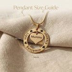 Circle of Trust Necklace size guide showing personalized circle pendant with heart charm insert dimensions