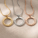 Circle of Trust Necklace tone comparison showing gold, silver and rose gold personalized circle pendants