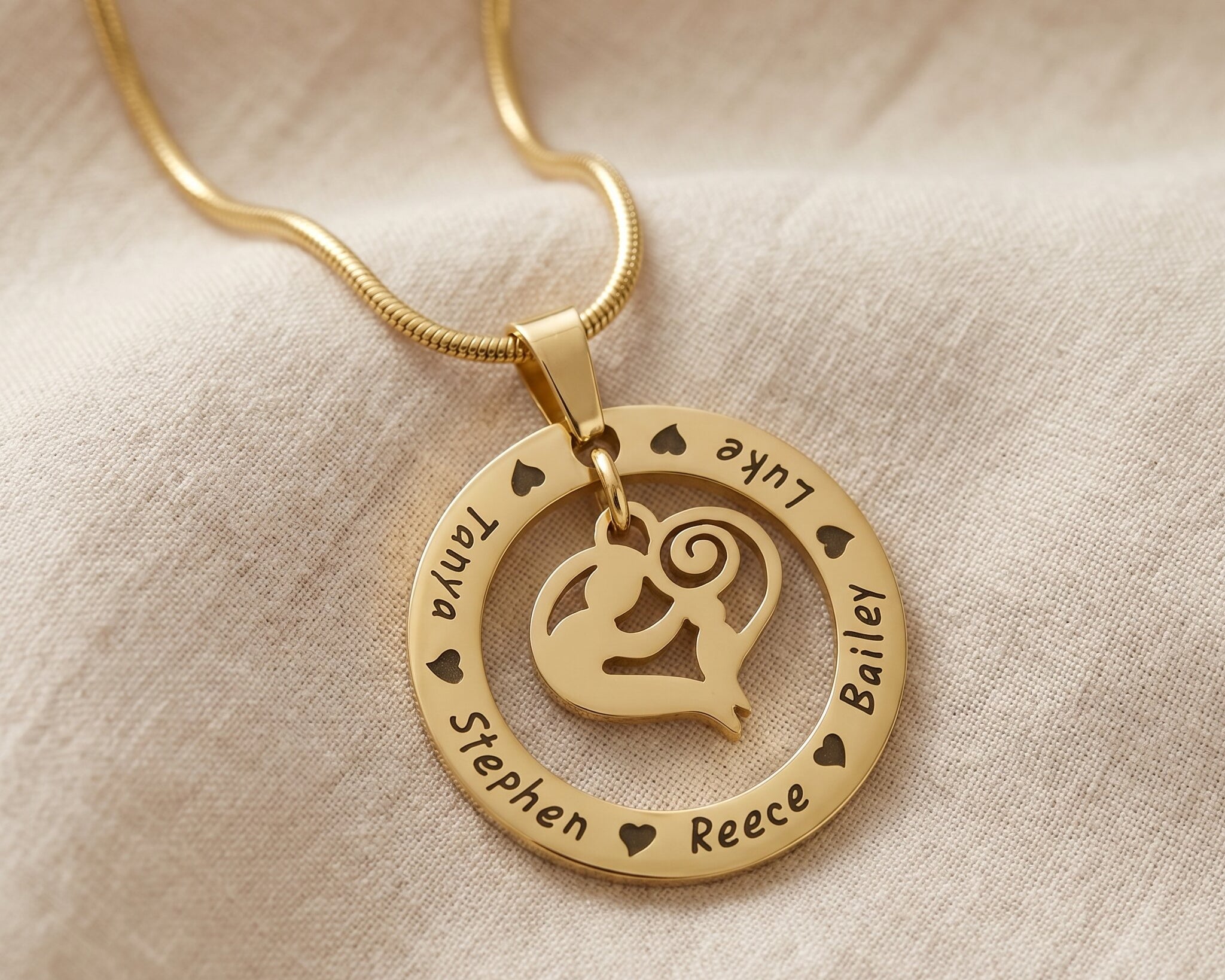 Circle of trust necklace engraved names and mother and child center insert, custom family jewelry gift