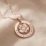 Engraved name on circle of trust necklace with rose charm insert, personalized pendant gift for mum