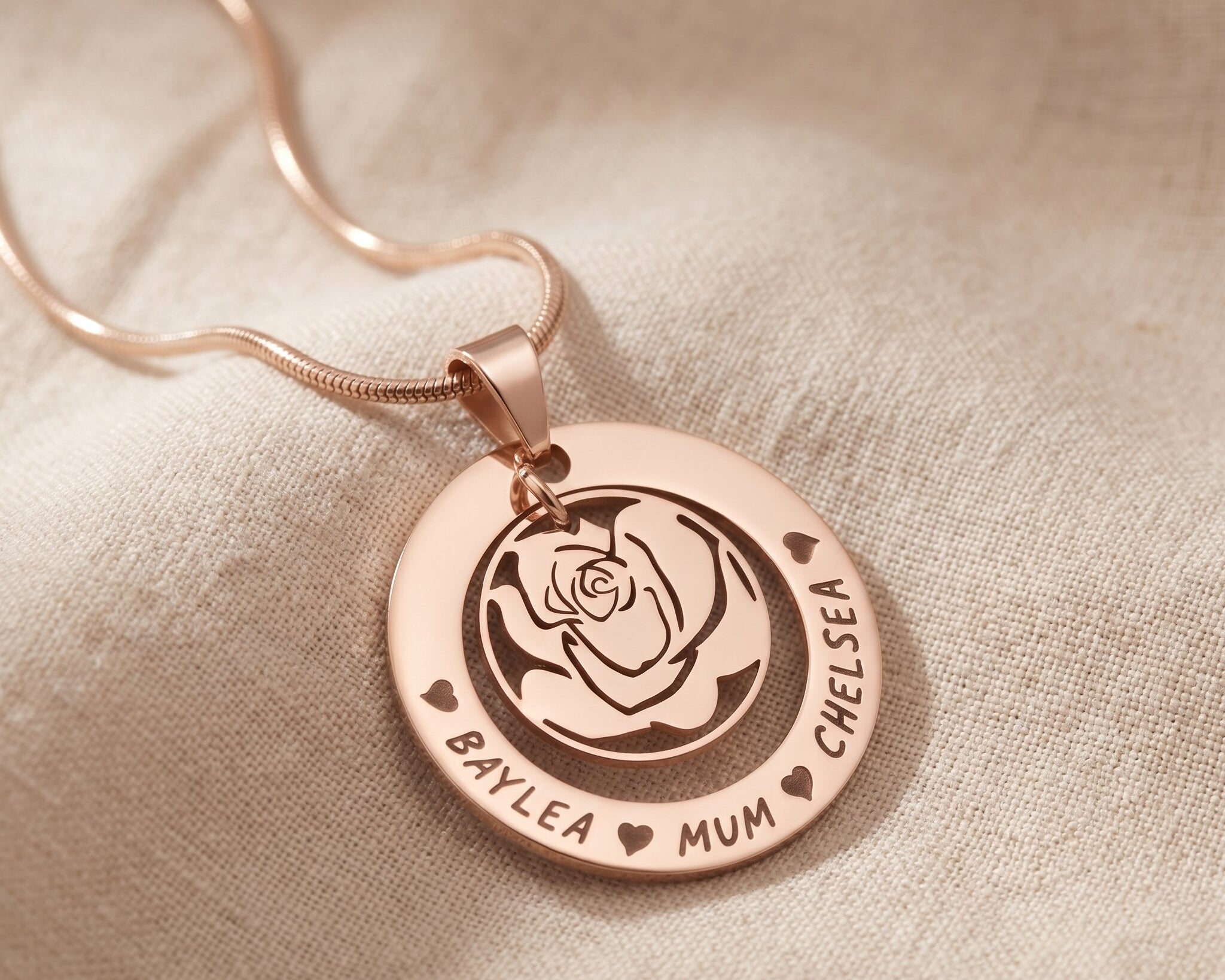 Engraved name on circle of trust necklace with rose charm insert, personalized pendant gift for mum