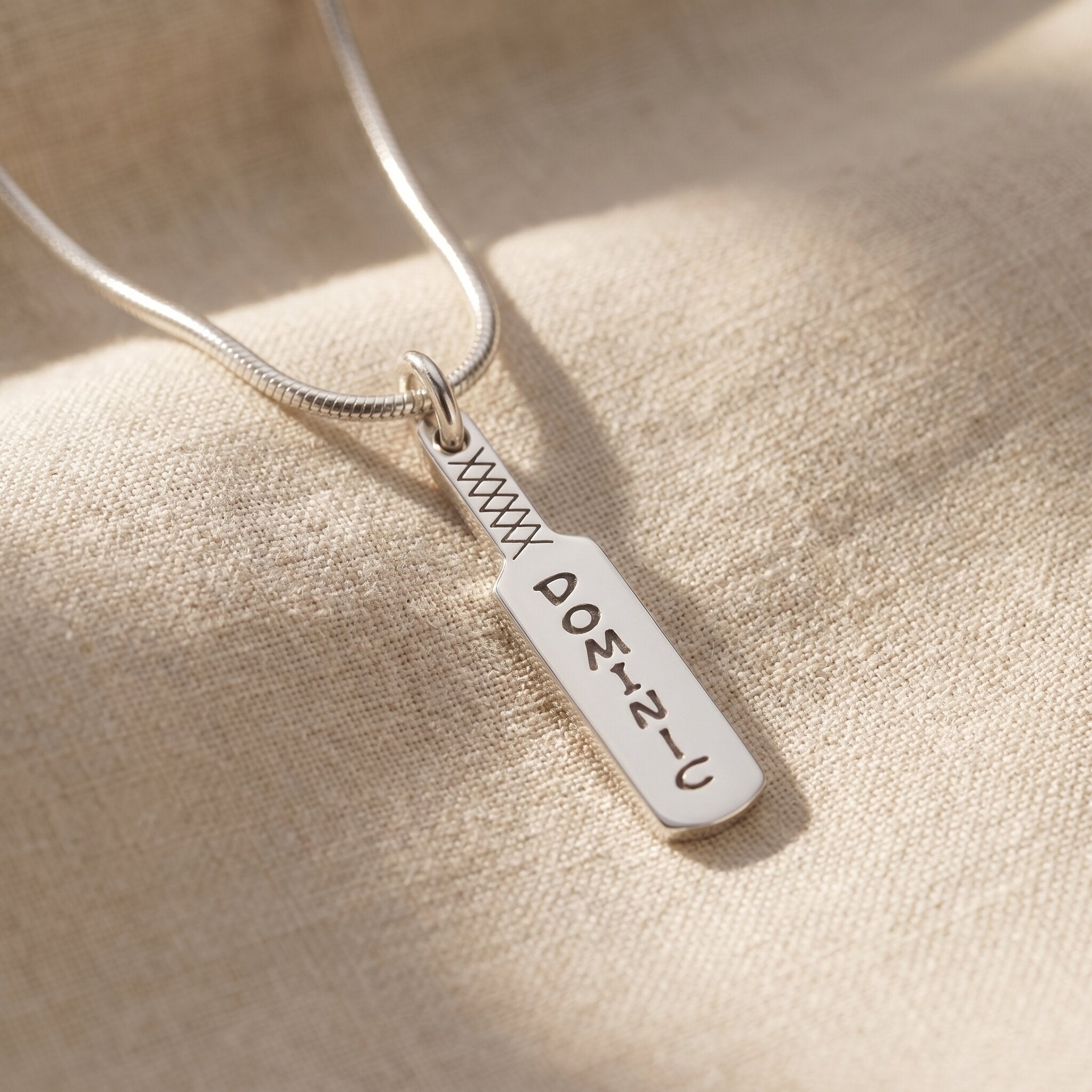 Cricket bat name necklace in silver with engraved name, personalised sporty jewellery design
