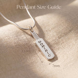 Cricket bat name necklace size guide showing pendant dimensions and chain length