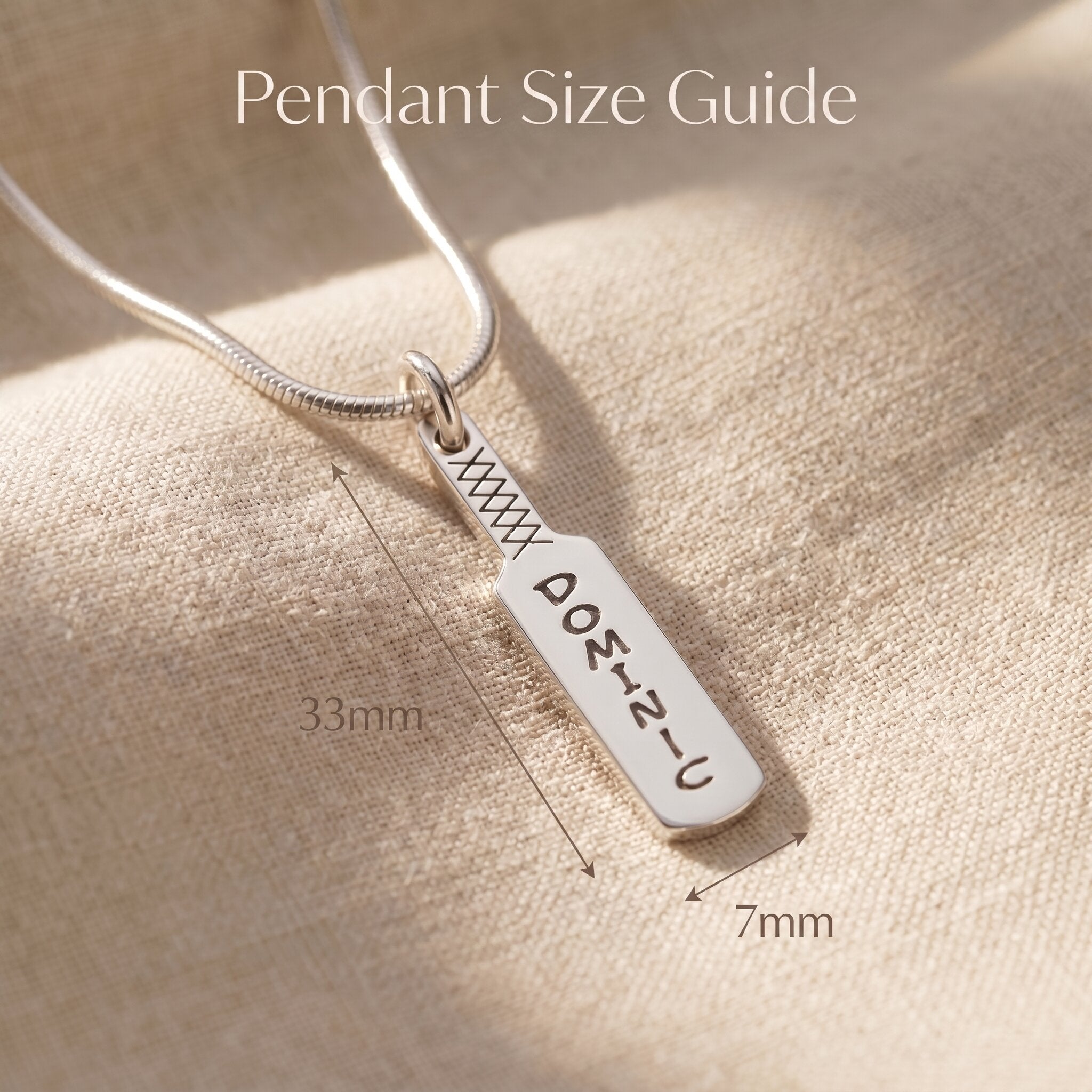 Cricket bat name necklace size guide showing pendant dimensions and chain length