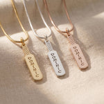 Cricket bat name necklace tone comparison showing gold, silver and rose gold finishes