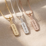Cricket bat name necklace tone comparison showing gold, silver and rose gold finishes