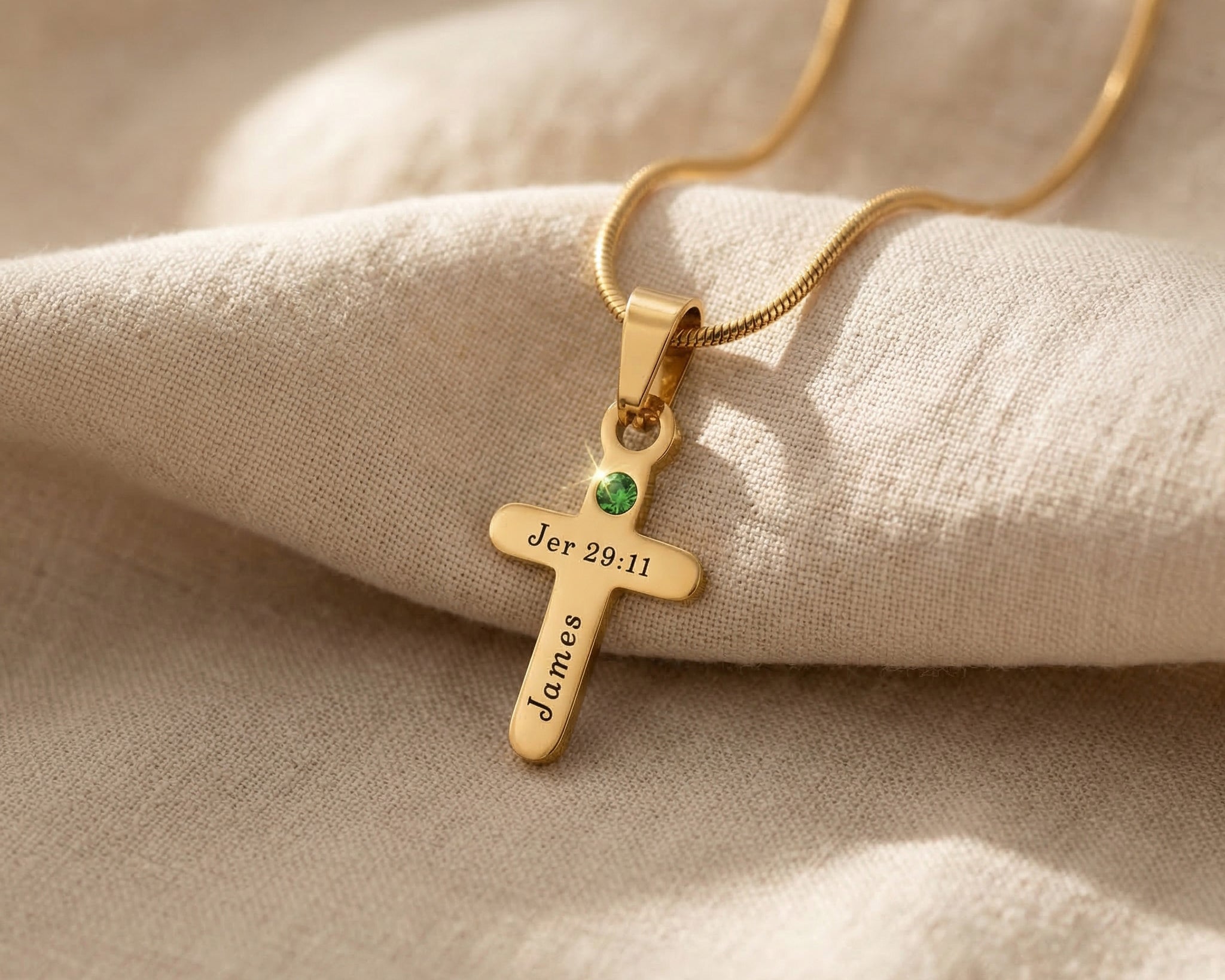 Gold cross name necklace with engraved name and birthstone option, christian faith jewellery 
