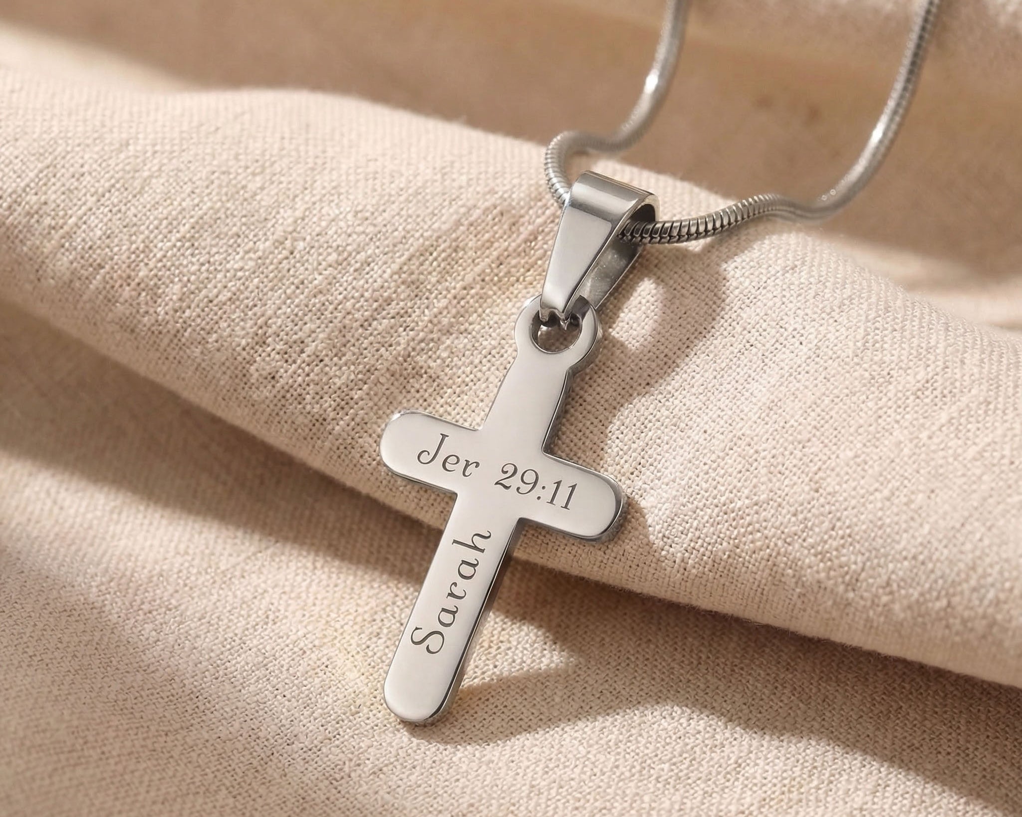 Silver cross name necklace with engraved name on cross pendant