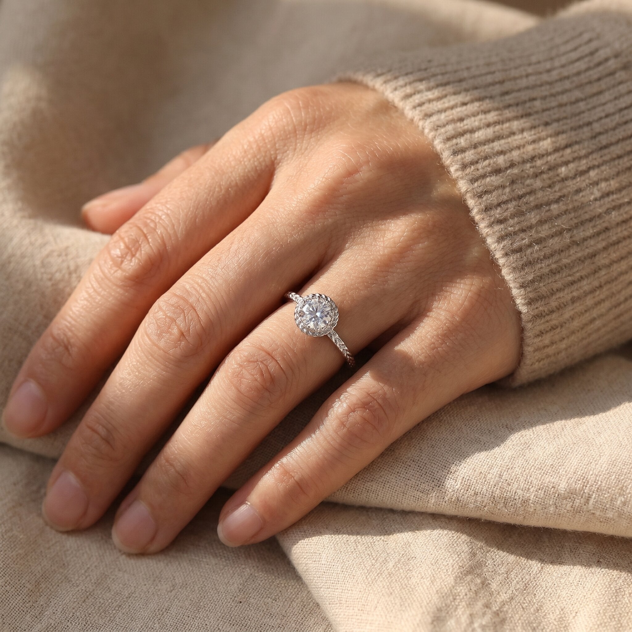 Woman wearing crystal soul ring with sparkling stone, elegant jewellery for her and meaningful gift