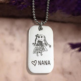 Belle Fever Custom Kids Drawing Dog Tag Necklace, personalised silver pendant showcasing a child’s artwork, a treasured family keepsake.