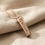 Rose gold cylinder cremation necklace with urn pendant for memorial ashes