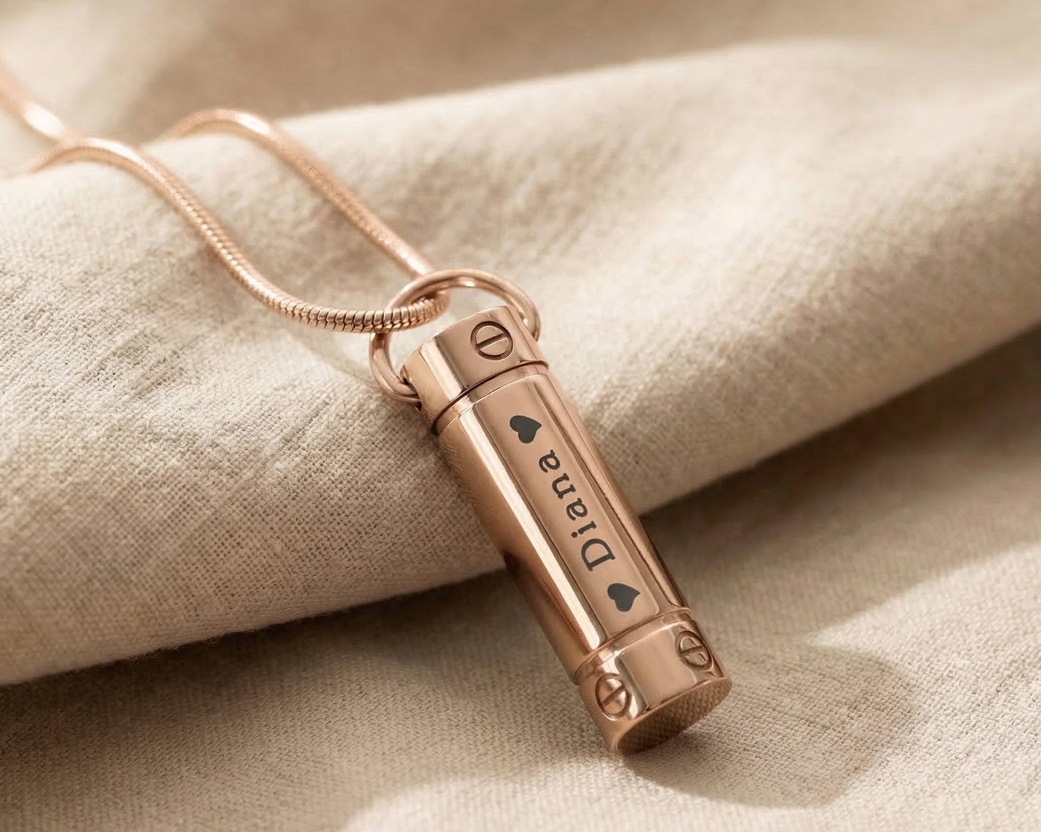 Rose gold cylinder cremation necklace with urn pendant for memorial ashes