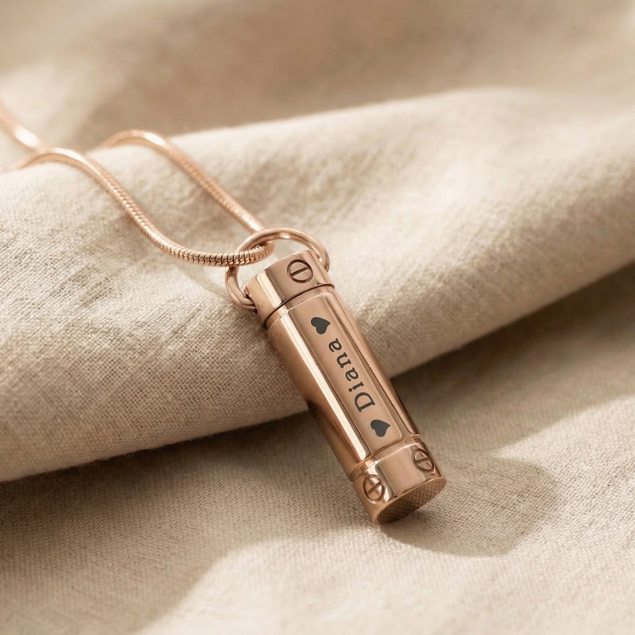 Rose gold cylinder cremation necklace with urn pendant for memorial ashes
