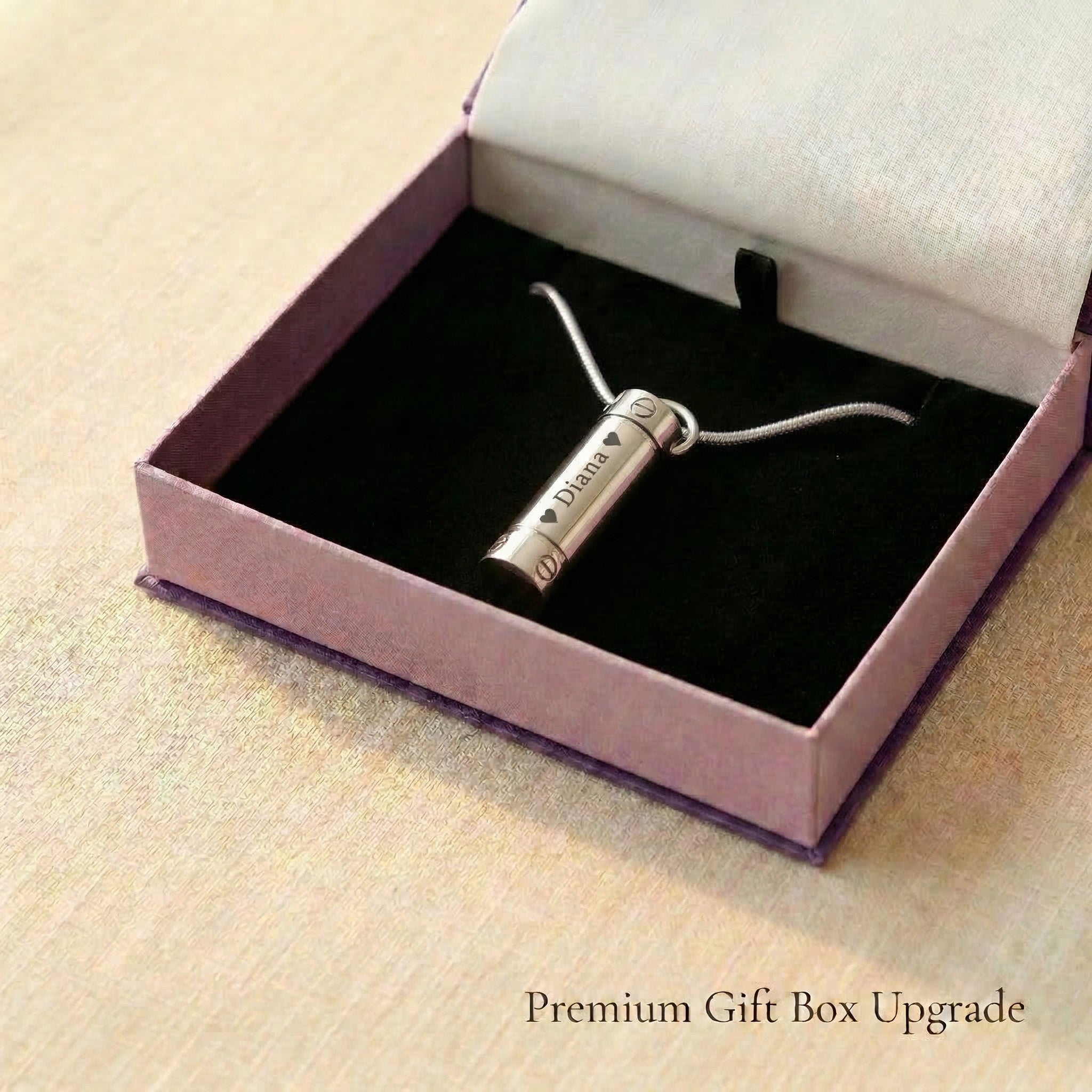 Cylinder cremation necklace presented in elegant jewelry gift box packaging