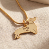 Dachshund dog necklace in gold with engraved detail, personalised dog lover jewellery design