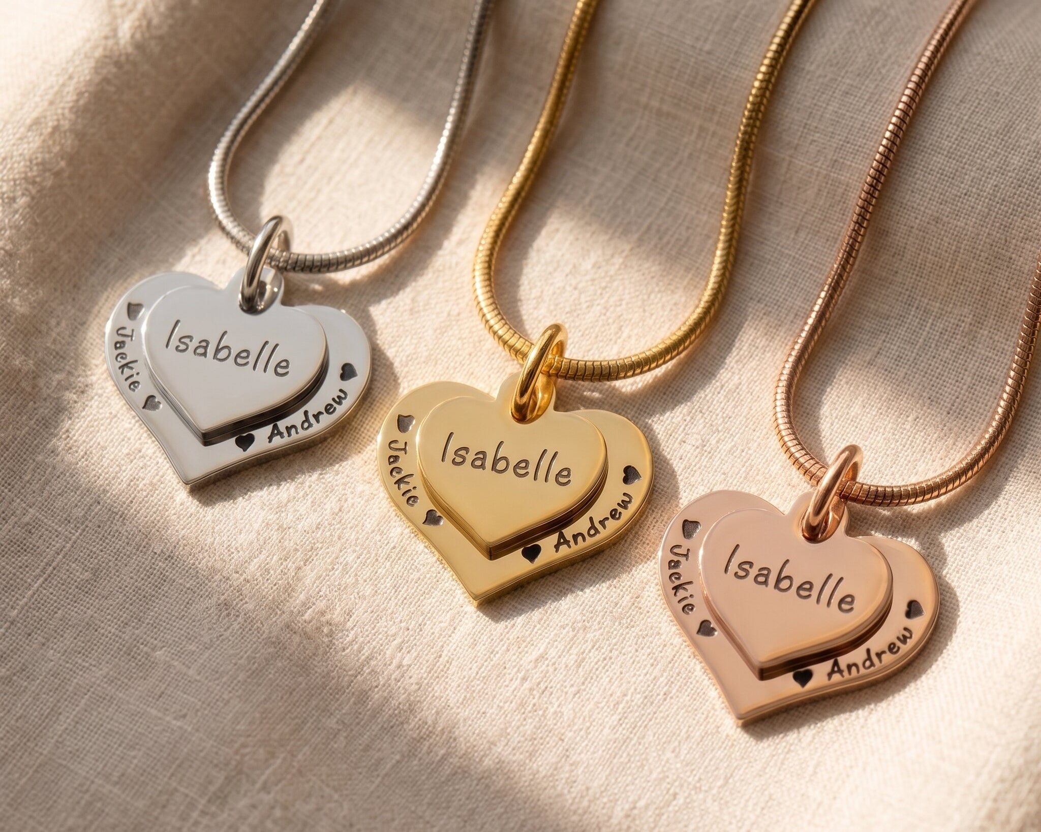 Double heart necklace tone comparison showing gold, silver and rose gold personalised keepsake jewellery