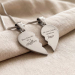 Double Heart Puzzle Necklace set showing two silver puzzle pieces pendants with custom engraved