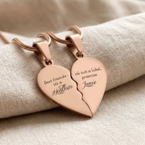 Double Heart Puzzle Necklace set in rose gold with engraved message, romantic matching jewelry