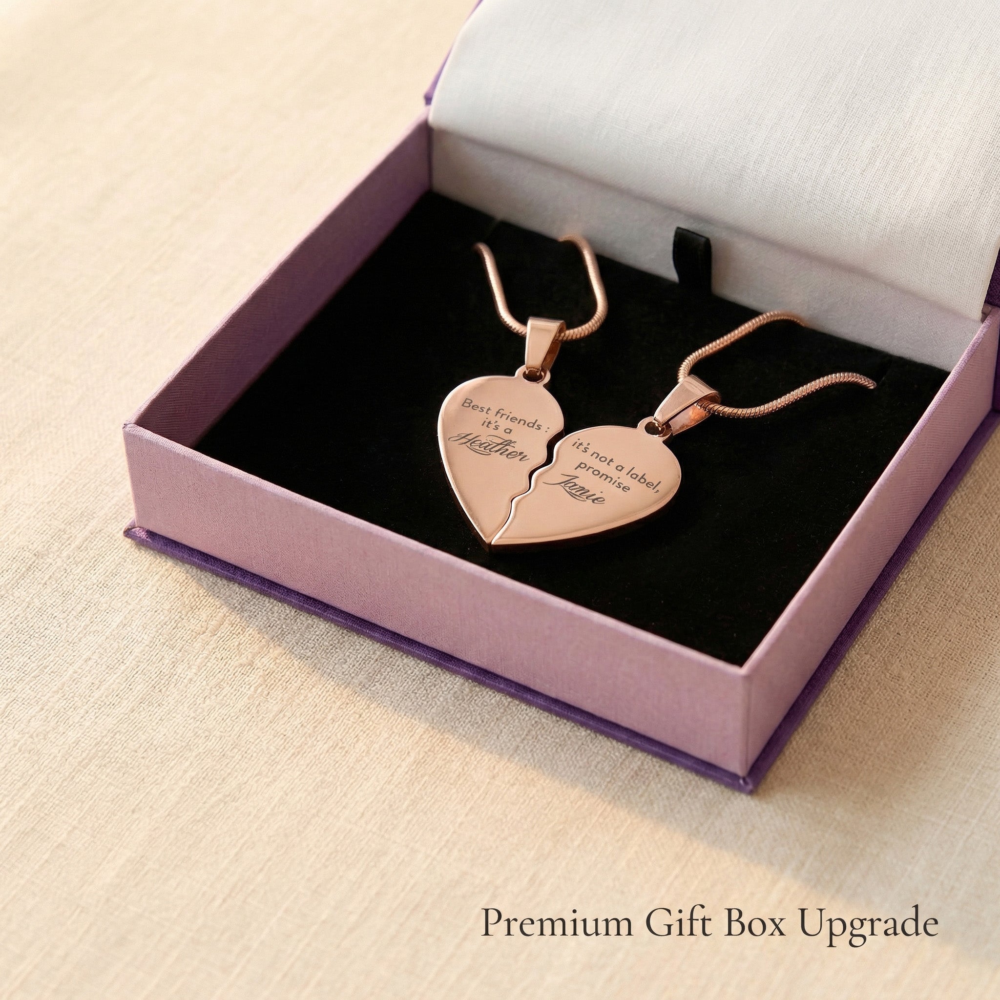 Double Heart Puzzle Necklace set in premium gift box, matching engraved heart necklaces gift for couples