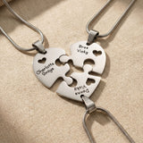 Heart Puzzle Necklace with three engraved pieces forming complete heart pendant design