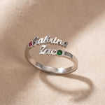 personalized double name silver ring with custom lettering and birtstone, elegant everyday jewelry design