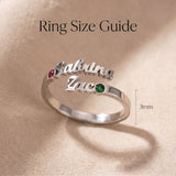 Personalized double name silver ring displayed with ring size guide for custom jewelry fitting reference