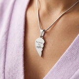 Belle Fever Double Heart Puzzle Necklaces in silver, personalised gift for best friends or couples who carry a piece of each other.