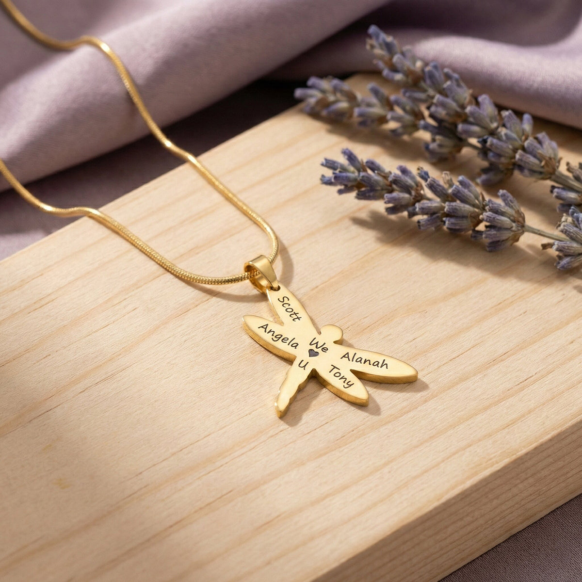Dragonfly Necklace with Custom Engraved Names by Belle Fever in gold finish, meaningful strength and transformation gift jewellery.