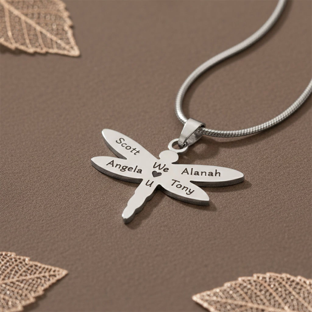 Dragonfly Necklace with Custom Engraved Names by Belle Fever in polished silver, symbolic transformation jewellery gift.