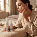 Woman using ENCA acne clearing set, cleanser and moisturiser for clearer skin and acne-prone skincare