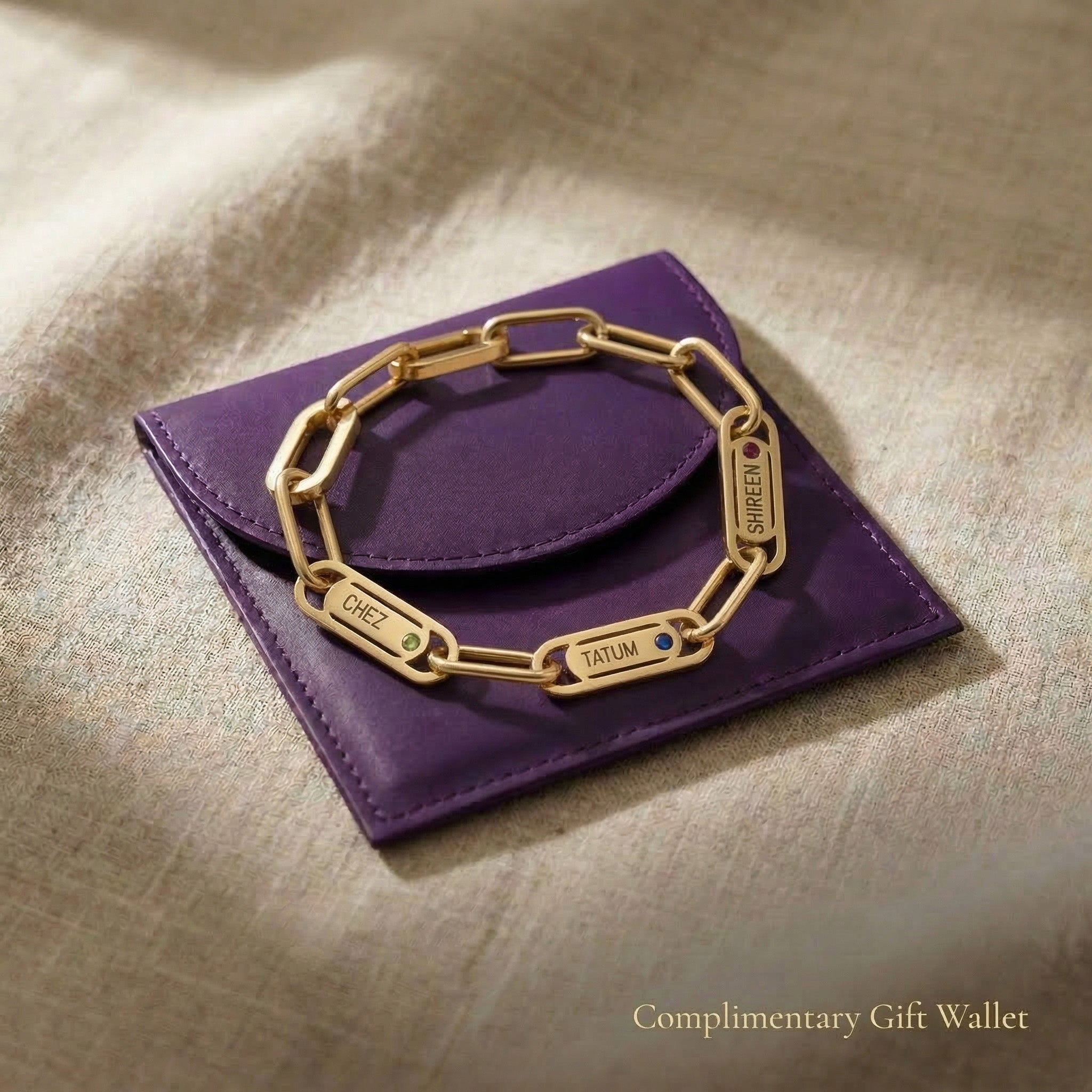Endless Ties Bracelet displayed with gift wallet packaging, personalized bracelet meaningful gift idea