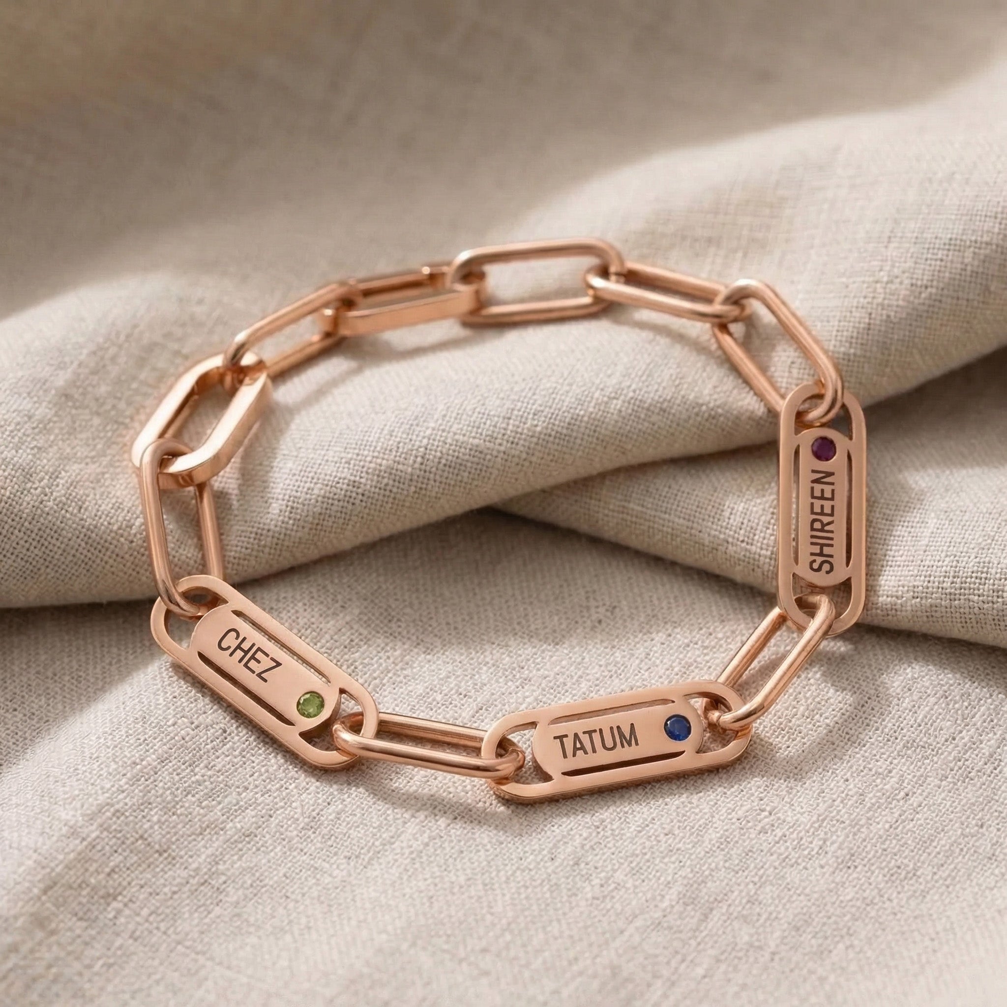 Endless Ties Bracelet in rose gold with engraved name detail, elegant personalized name link bracelet