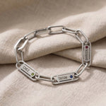 Endless Ties Bracelet in silver with engraved name on link, minimalist personalized jewelry