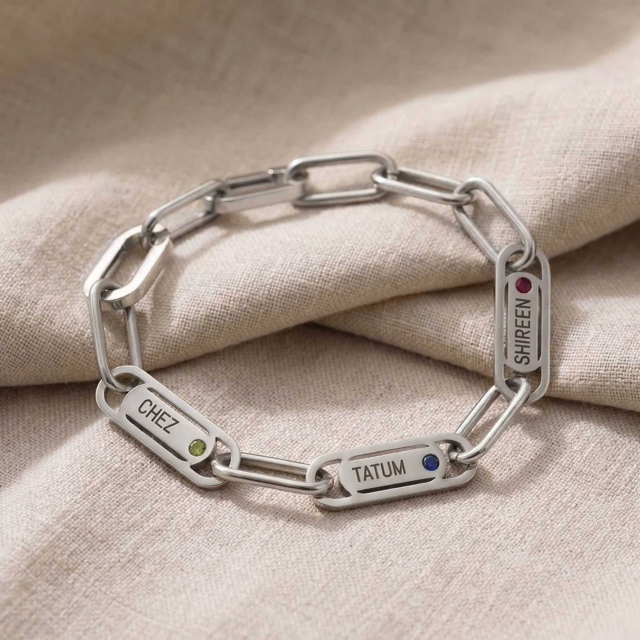 Endless Ties Bracelet in silver with engraved name on link, minimalist personalized jewelry