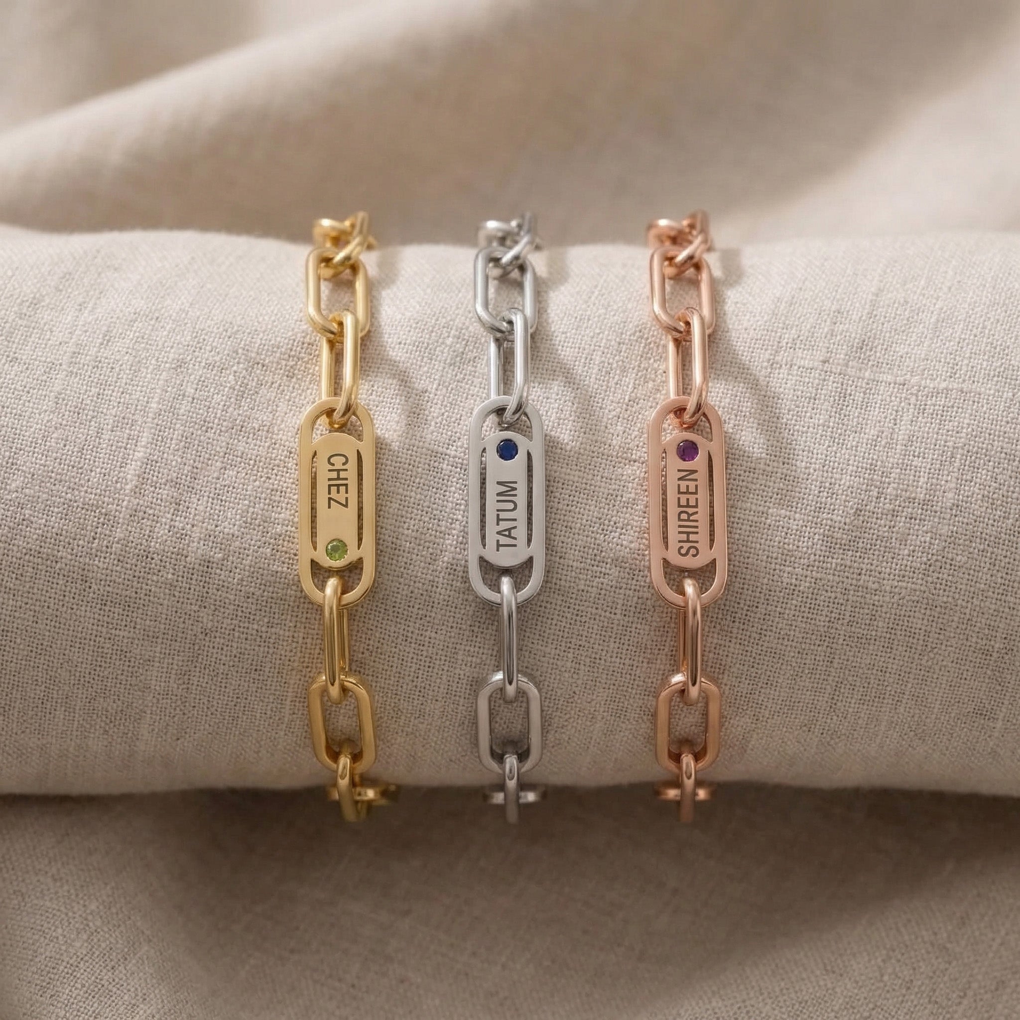Endless Ties Bracelet tone comparison showing gold, silver and rose gold personalized name link bracelets