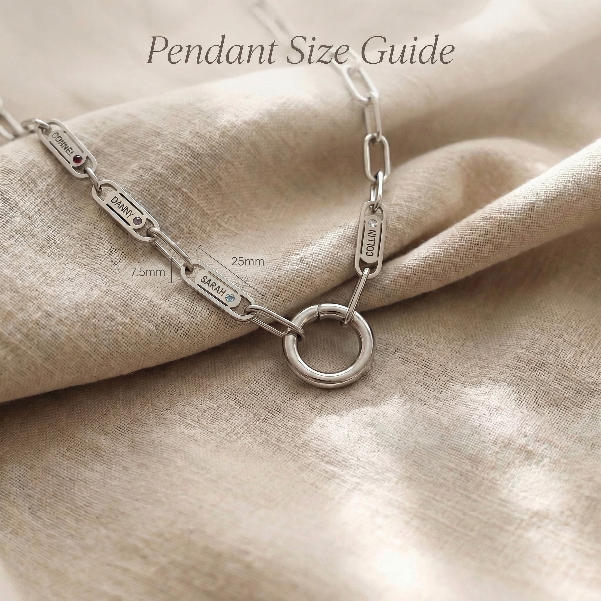 Endless Ties Necklace size guide showing name charm dimensions details