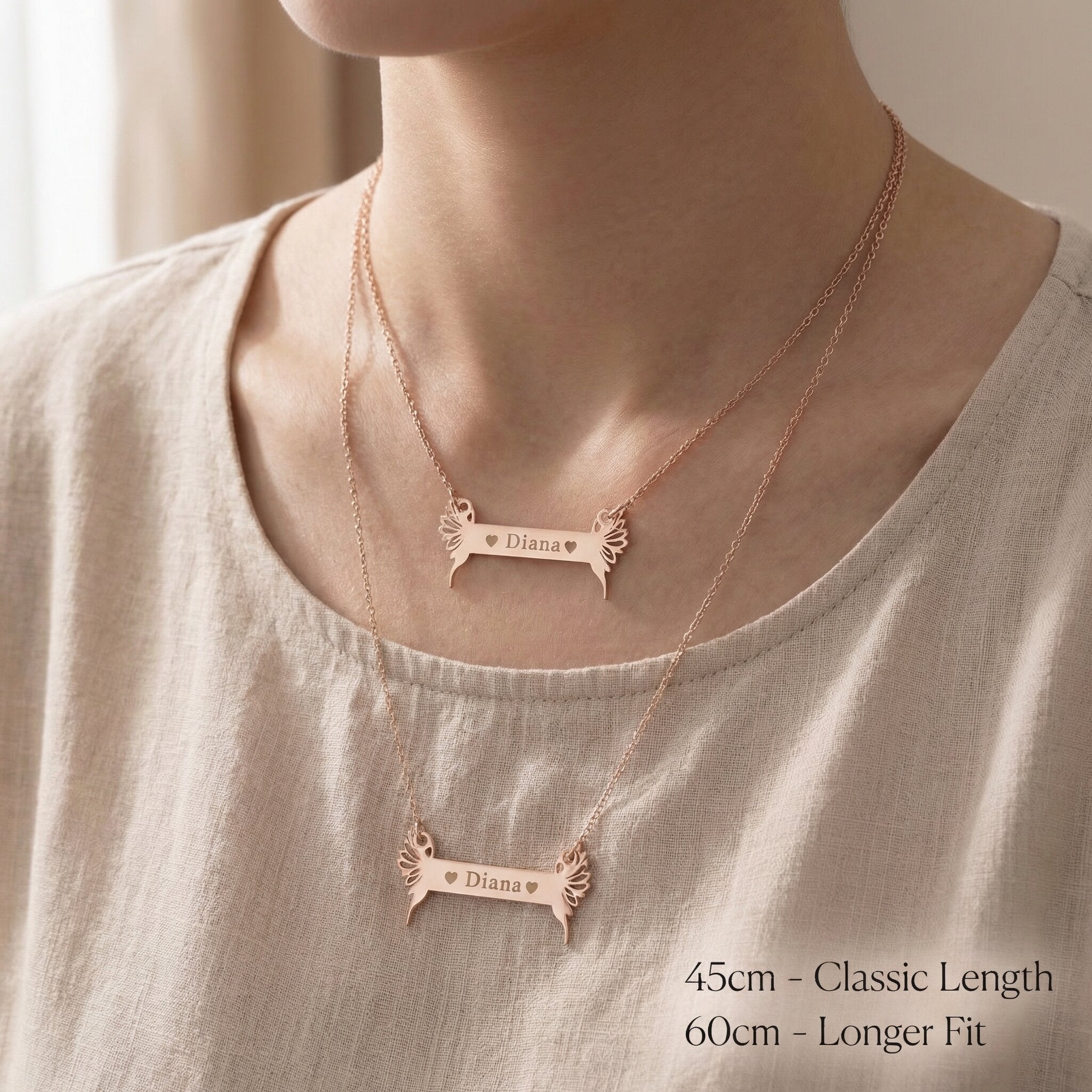 Fairy Name Bar Necklace worn showing chain length options for personalised name jewellery styling