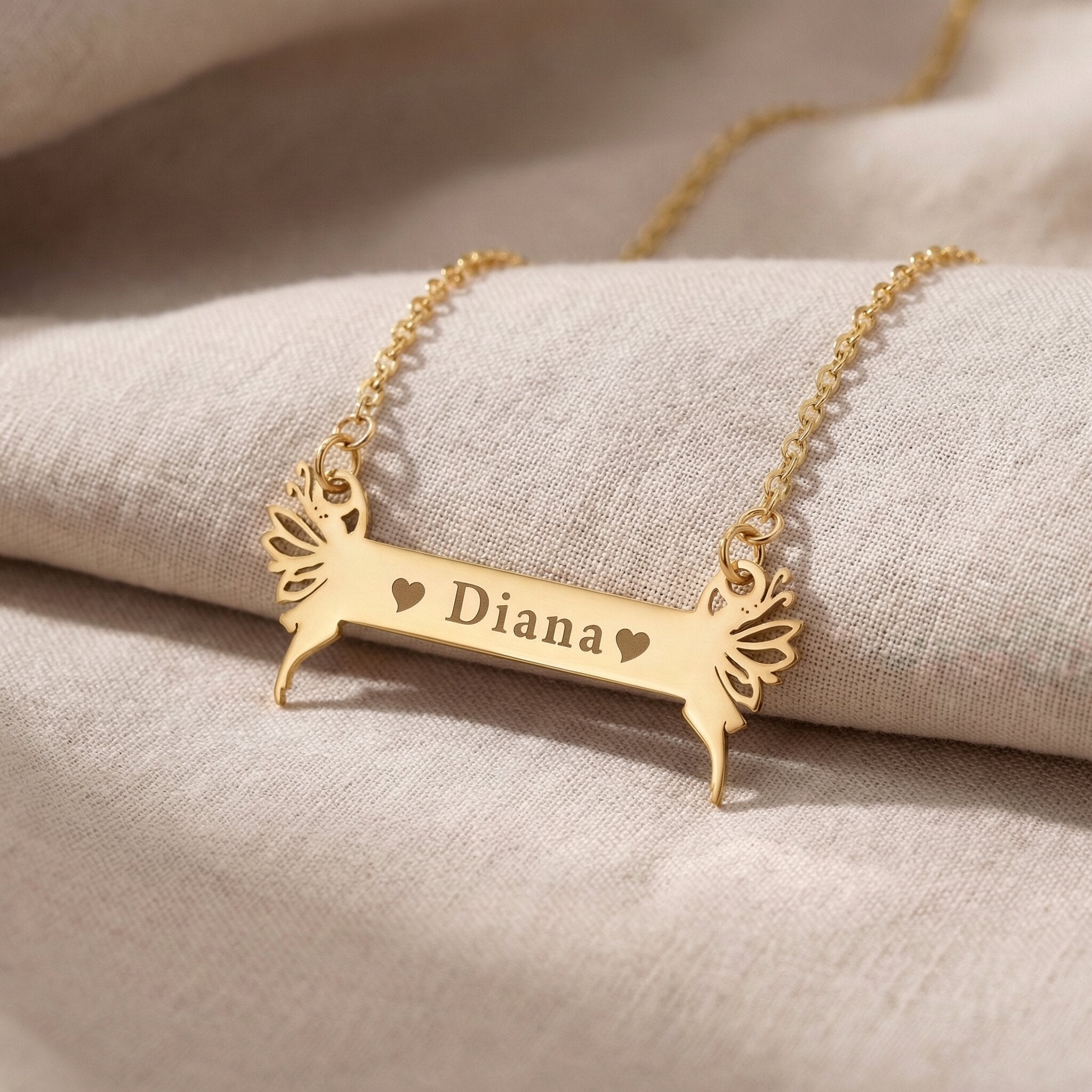 Fairy Name Bar Necklace in gold with custom name engraving, personalised jewellery piece