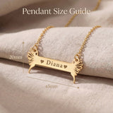 Fairy Name Bar Necklace size guide showing bar pendant dimensions and chain length details