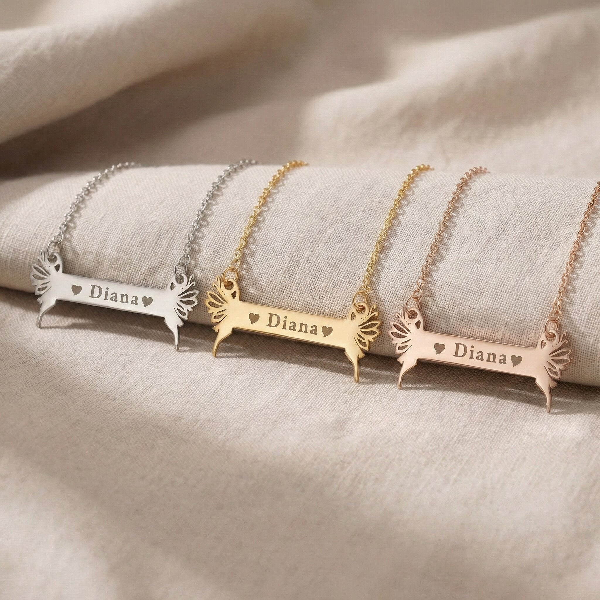 Fairy Name Bar Necklace tone comparison showing gold, silver and rose gold personalised name necklaces