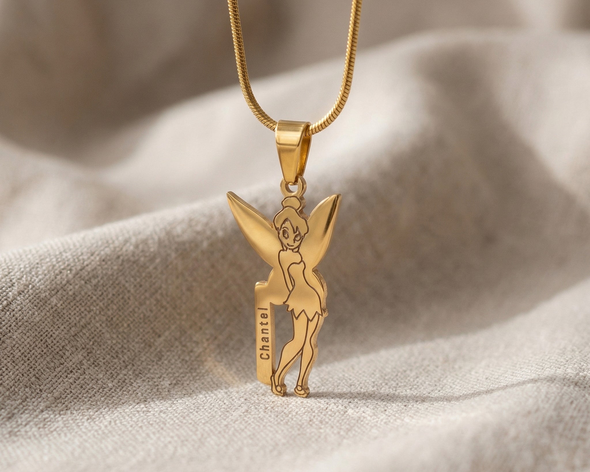 Fairy Name Necklace in gold with custom name design, personalised jewellery piece
