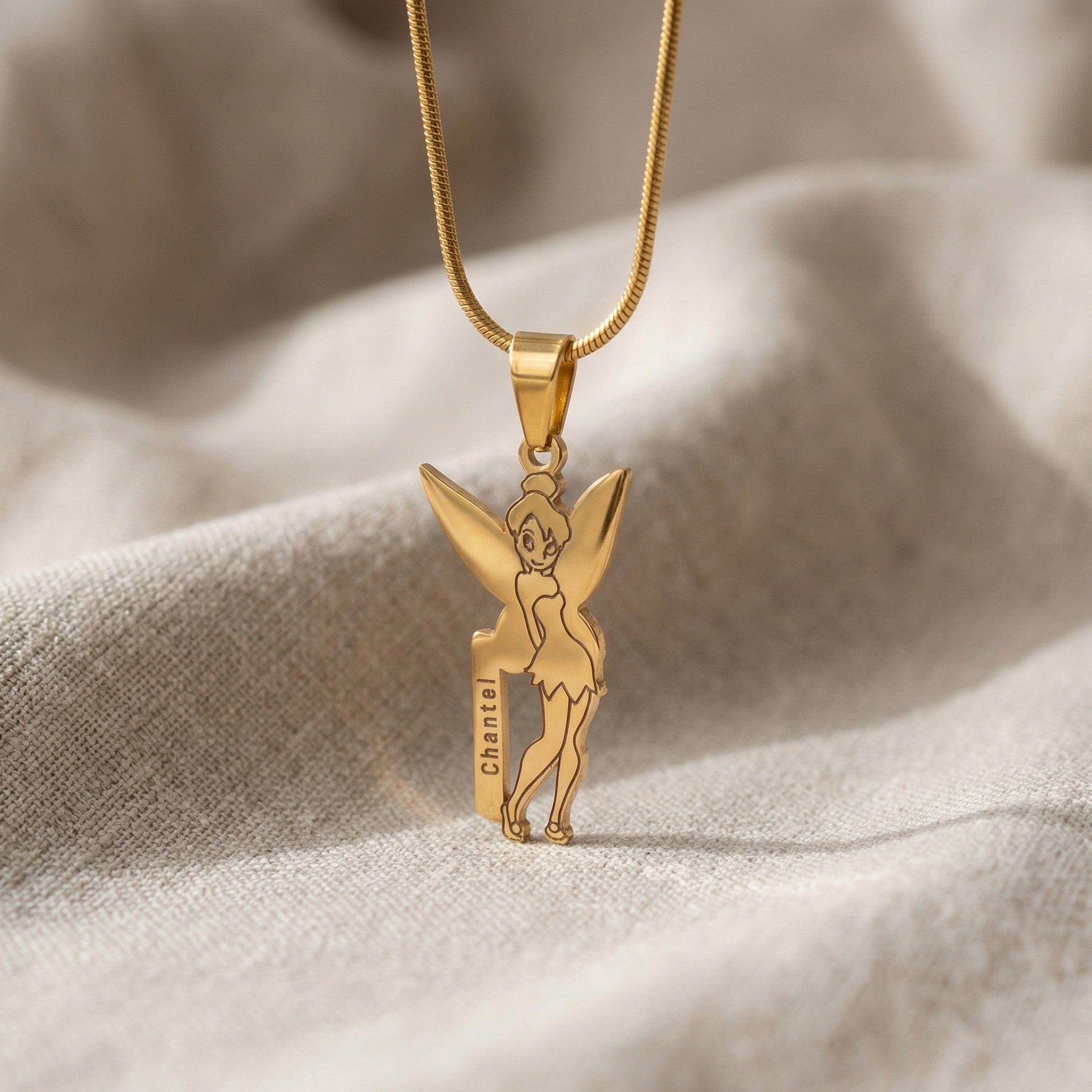Fairy Name Necklace in gold with custom name design, personalised jewellery piece