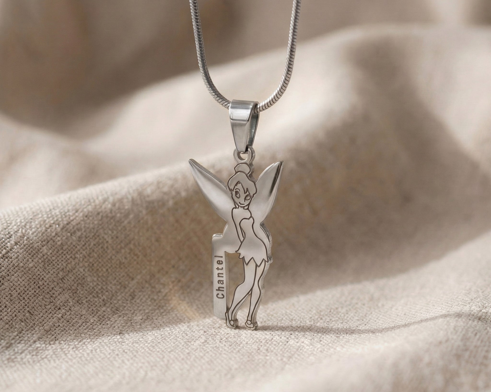 Fairy Name Necklace in silver with custom name design, kids personalised jewellery
