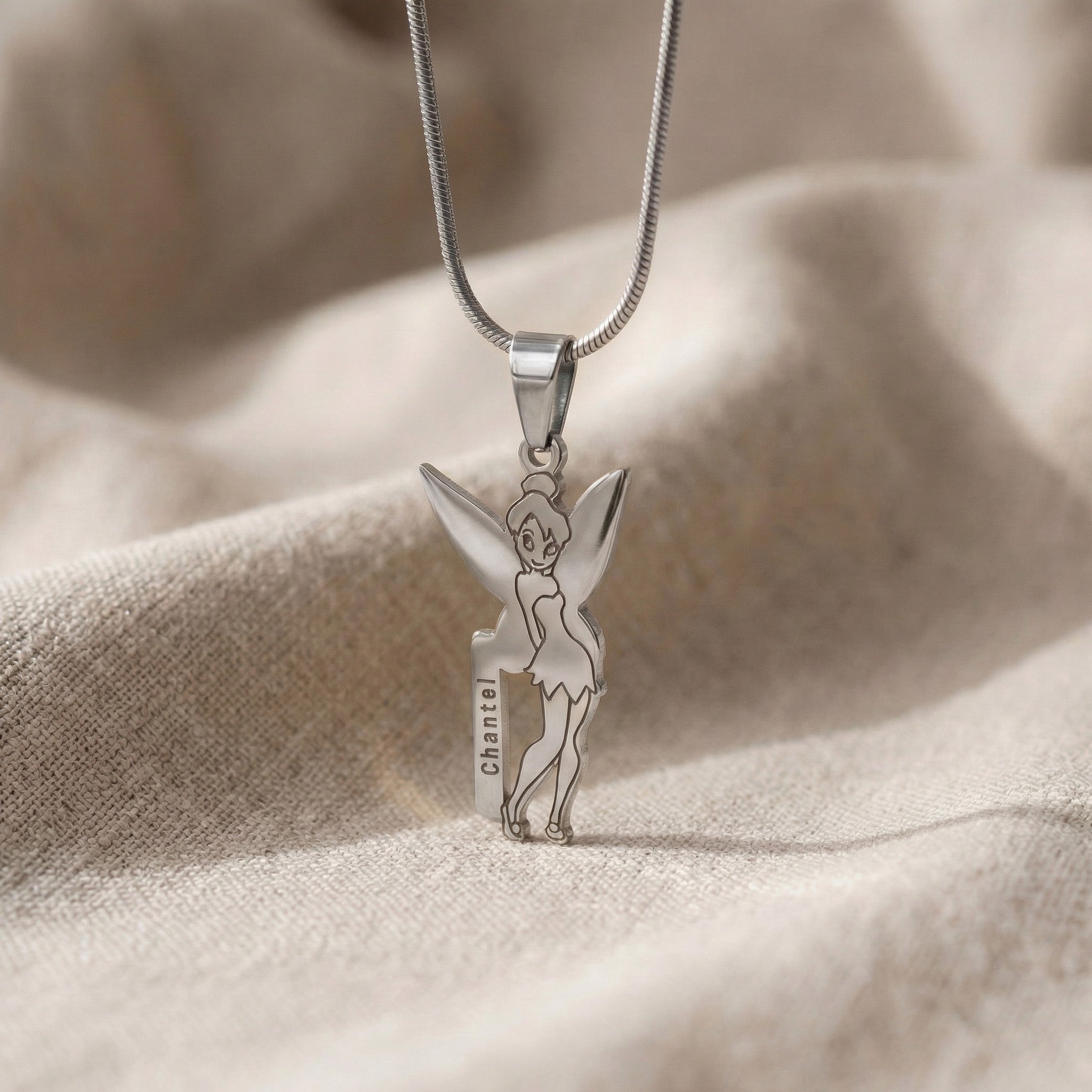 Fairy Name Necklace in silver with custom name design, kids personalised jewellery