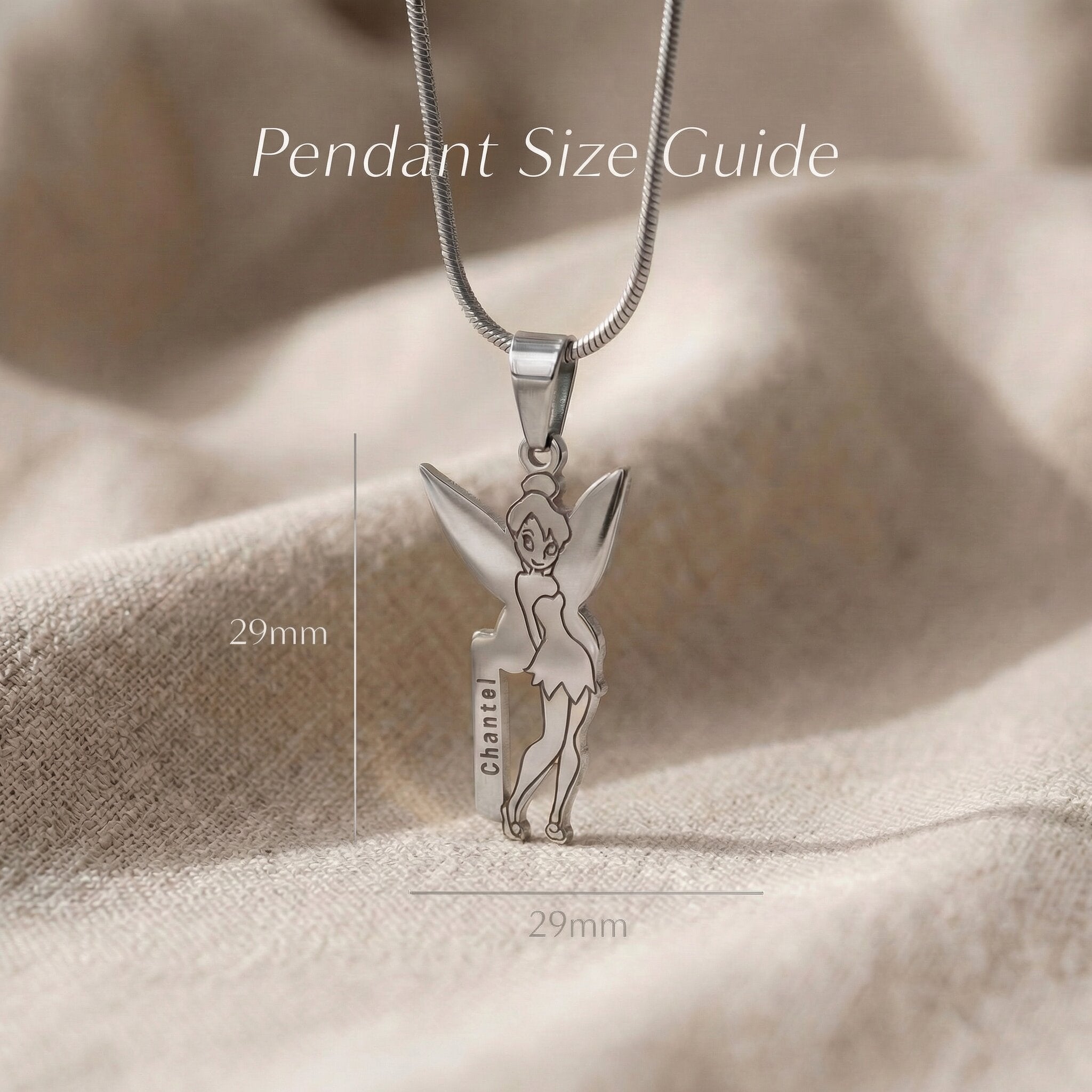 Fairy Name Necklace size guide showing pendant dimensions and chain length details