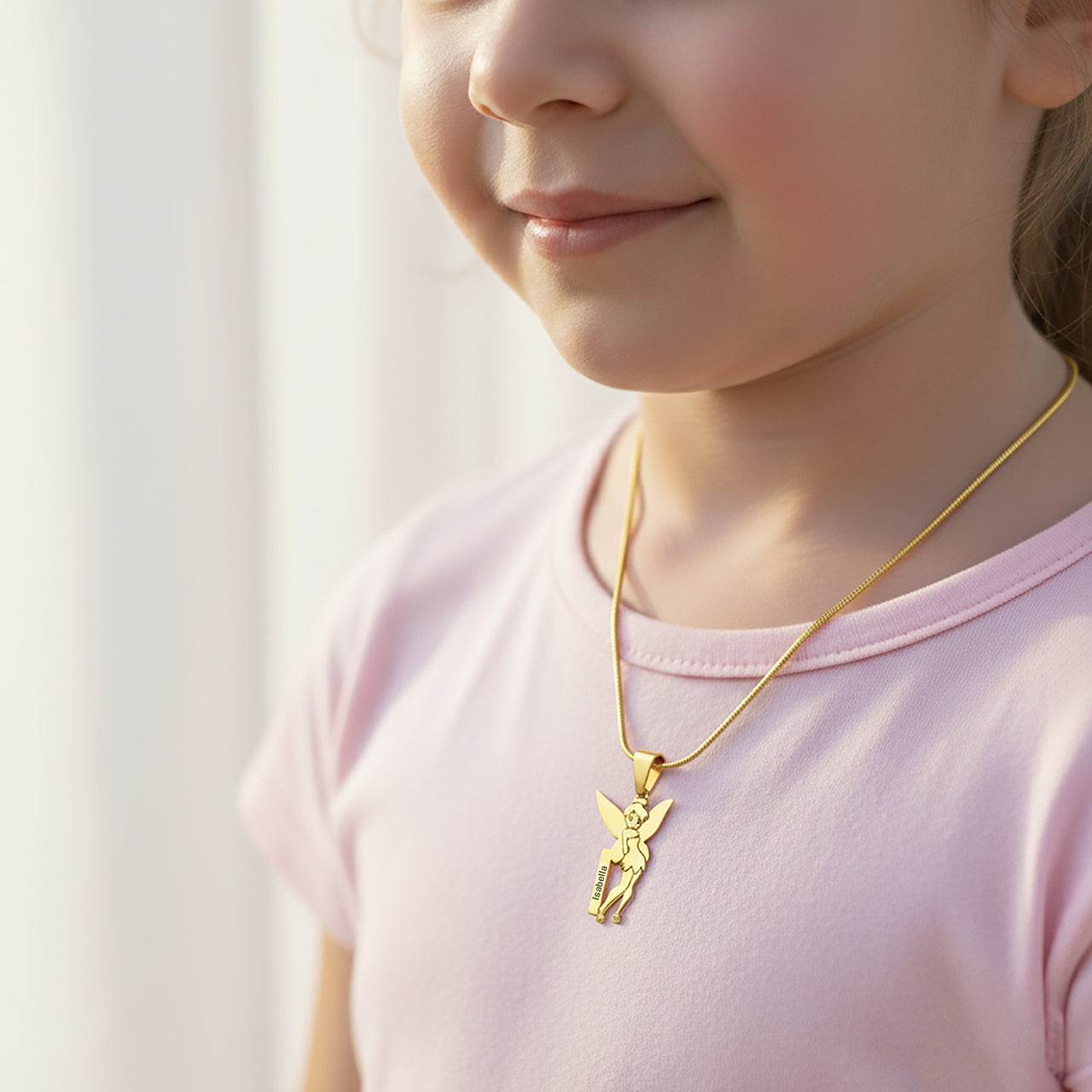 Belle Fever Fairy Name Necklace — personalised gold fairy pendant worn with a soft pink outfit, a whimsical jewellery piece made for little dreamers.