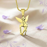 Belle Fever Fairy Name Necklace — gold personalised fairy charm resting on fabric, a sweet and magical necklace celebrating childhood, imagination and a name made special.