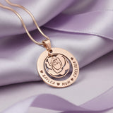 Personalized rose family necklace in rose gold with engraved family names, belle fever sentimental mother necklace.
