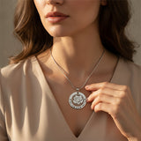 Personalized rose family necklace with engraved family names worn by model, belle fever meaningful gift for mom.